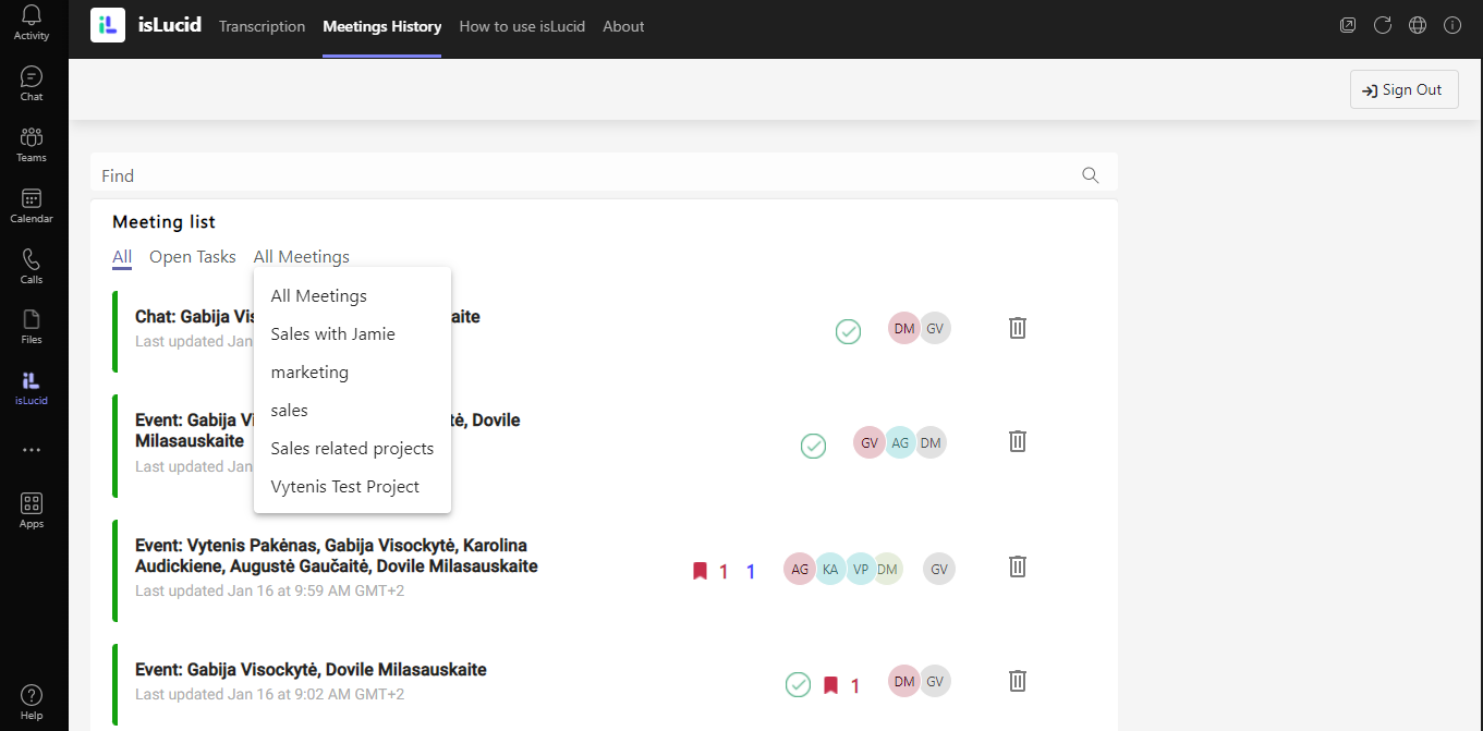 How to filter meetings by project?